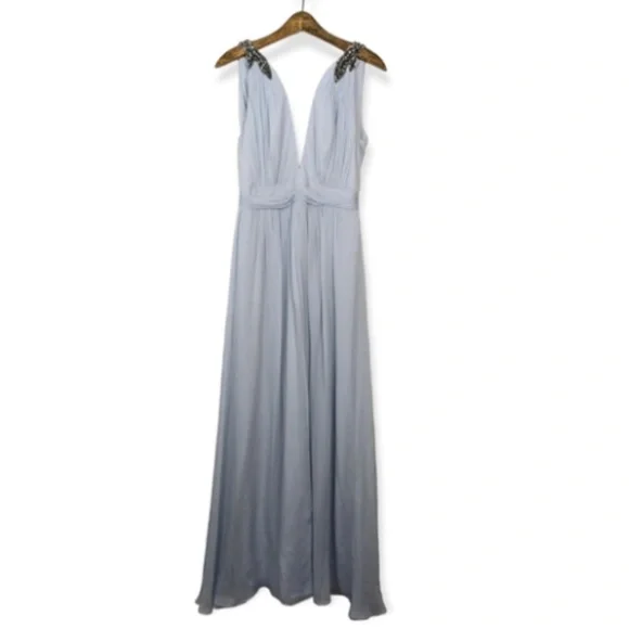 marchesa notte light blue dress Beading A Line Long Sleeves Navy Blue V Neck Prom Dress US14 main image 0
